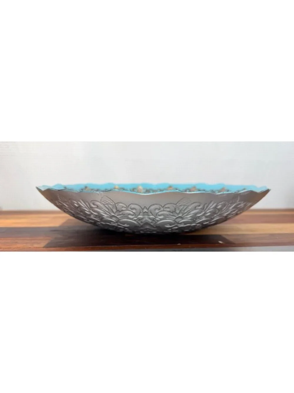 Turkish Glass Decorative Bowl Teal Blue Bronze Embossed Mandala Ornate-Gorgeous